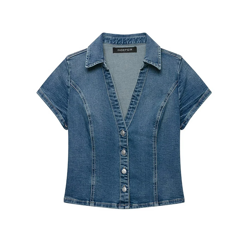 YENKYE Women's Crop Denim Shirt Lapel Collar Deep V Neck Short Sleeve Single Breasted Slim Fitted Summer Tops