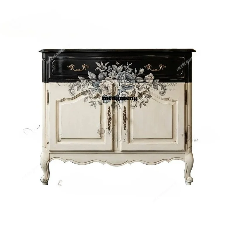 

French retro solid wood carving flower cabinet master bedroom painted contrasting color dining side cabinet size can be