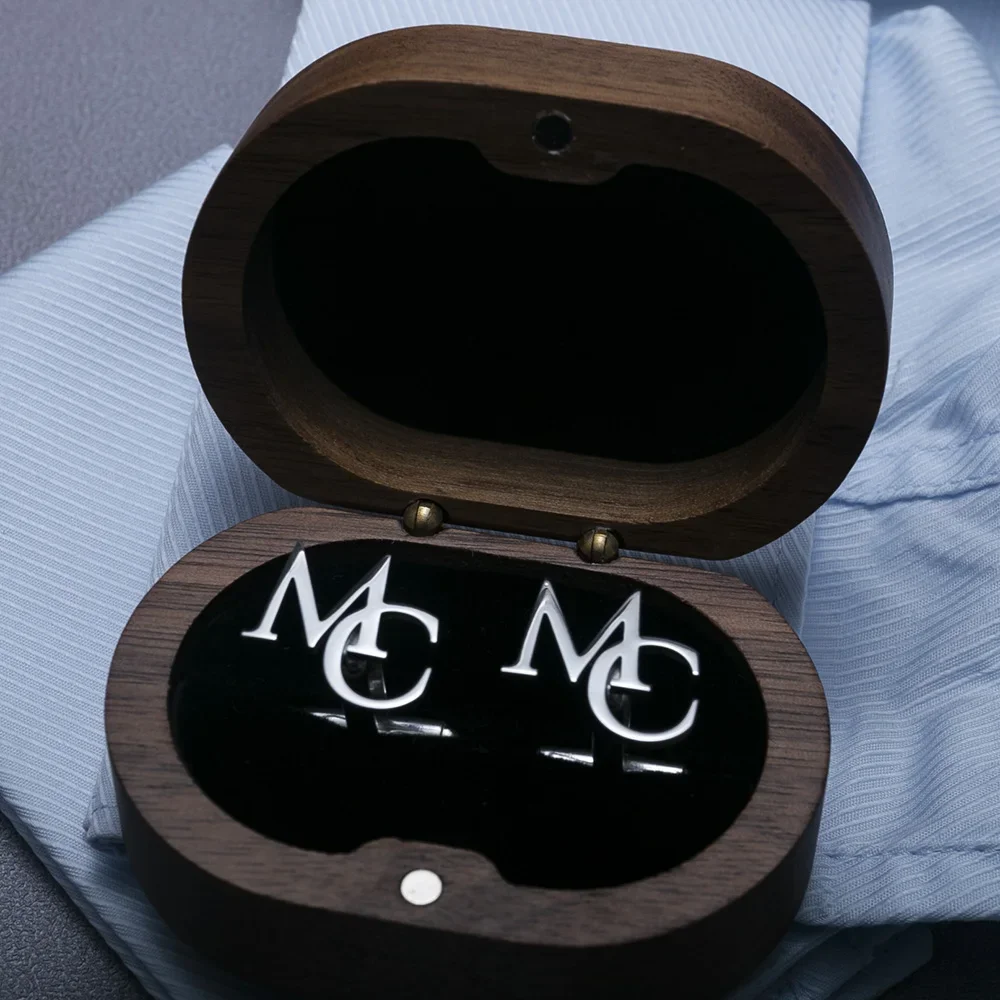 Custom Name Initials Cufflink High-end Wood Box Packaging Cufflinks Personalize Letter Buttons for Groom Stainless Steel Jewelry