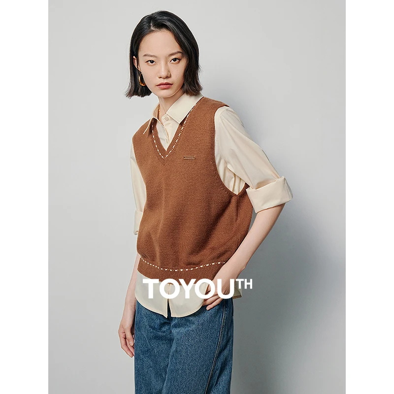 

Toyouth Women Two Piece Set Shirt and Knitted Vest 2024 Spring Maillard Style Fashion Casual Official Apricot Suit