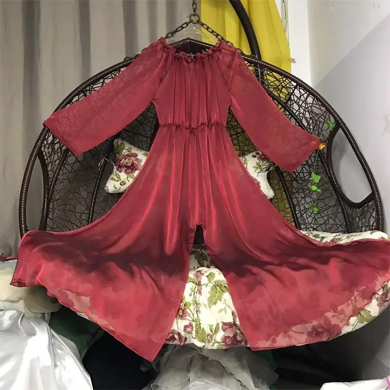 

Men Women Pink Sexy Ice Silk Satin Double-Sided Silky Jumpsuit Waist Elastic Bodysuit Wide Leg Pants Long Sleeve Pajamas