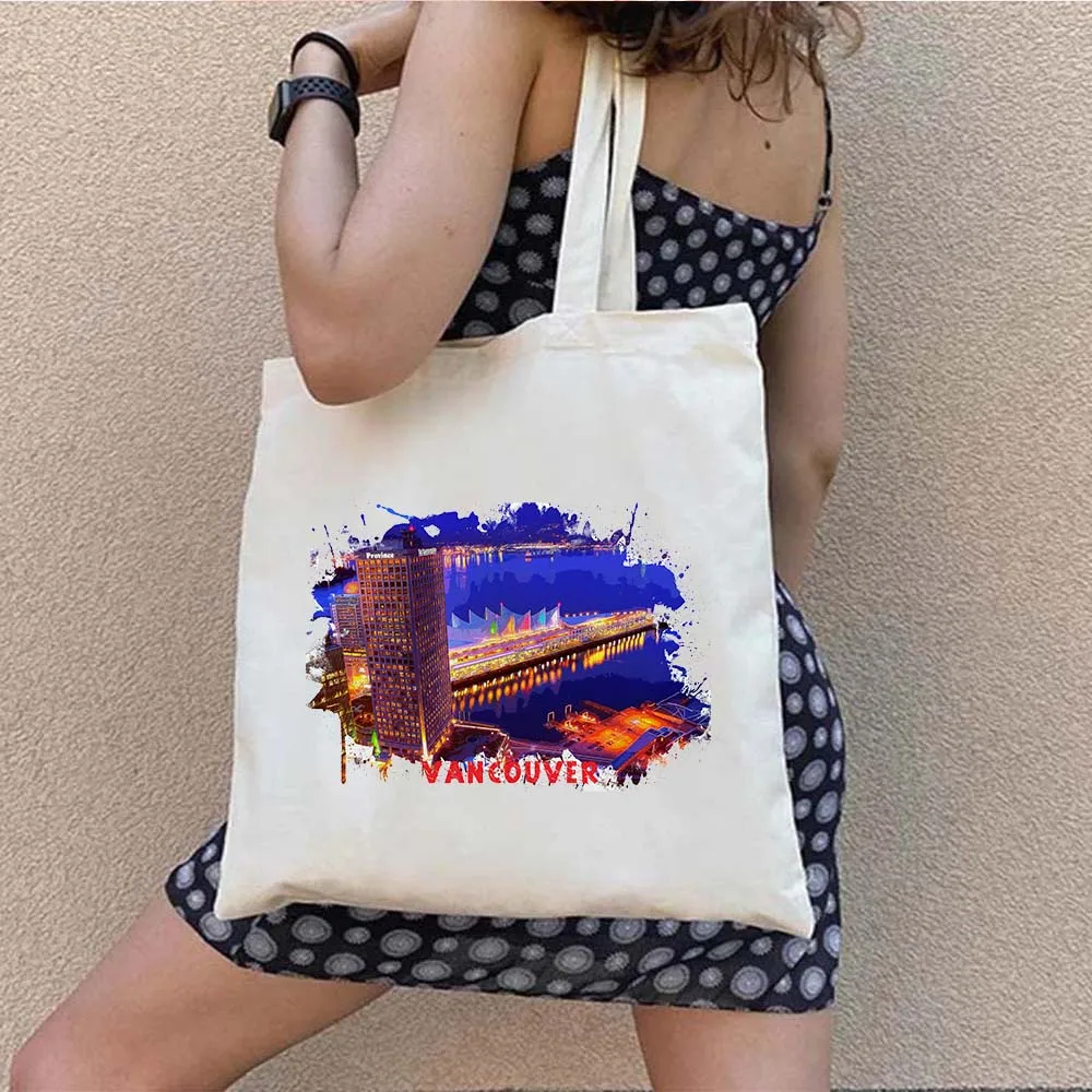 Toronto Canada Vancouver City Sights Watercolor Ink Painting Shoulder Canvas Cotton Tote Bags Reusable Harajuku Shopper Handbags