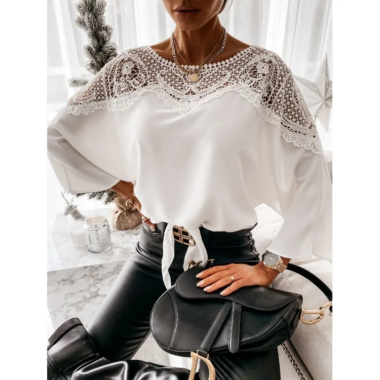 

Casual Temperament Daily Round Neck Lace Hollow Out Solid Color Pullover Batball Sleeve Women's Spring Summer Shirt