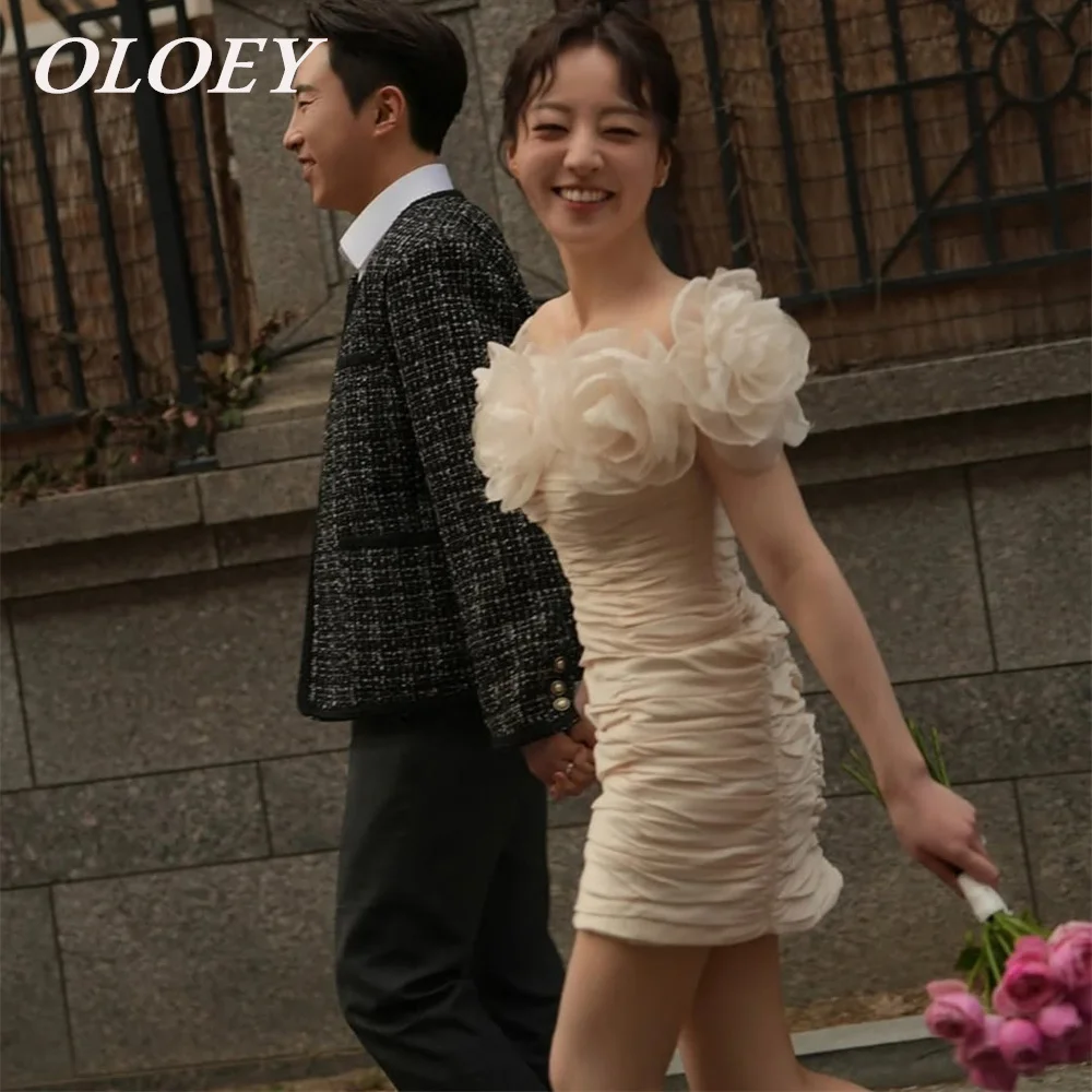 

OLOEY Modern Off the Shoulder Mermaid Short Prom Cocktail Dresses Korea Snapshots 웨딩드레스 Flowers Customized Pleat Party Gown