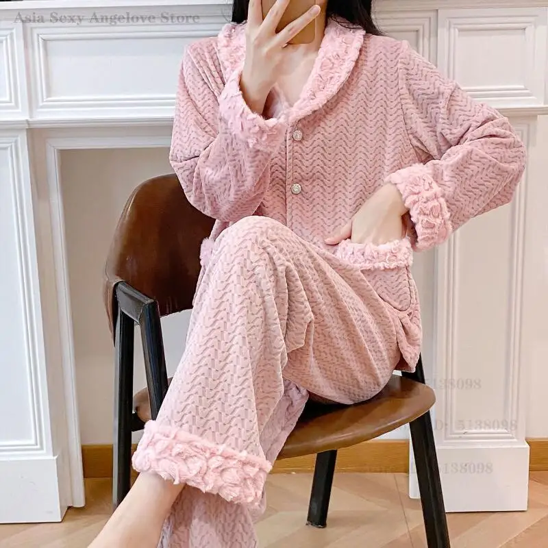 New Pajamas Set for Women's Autumn Winter Thickened Island Velvet Sleepwear Loose Simple Home Wear Long Sleeves Warm Loungewear