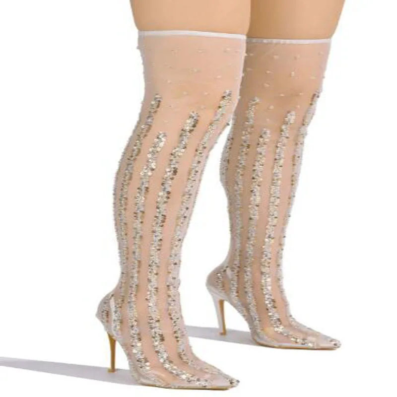 الفاخرة النساء الشظية الذهب الأسماك الموازين الهواء شبكة شفافة بولي كلوريد الفينيل أشار تو كعب رفيع فوق الركبة الأحذية تمتد أحذية طويلة