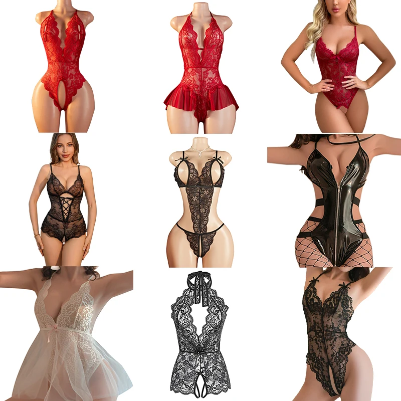 Hot Sell Crotchless  Lingerie Combination Women Lace Hollow Bodysuit Teddy Babydoll Dress Deep V Open Bra  Underwear