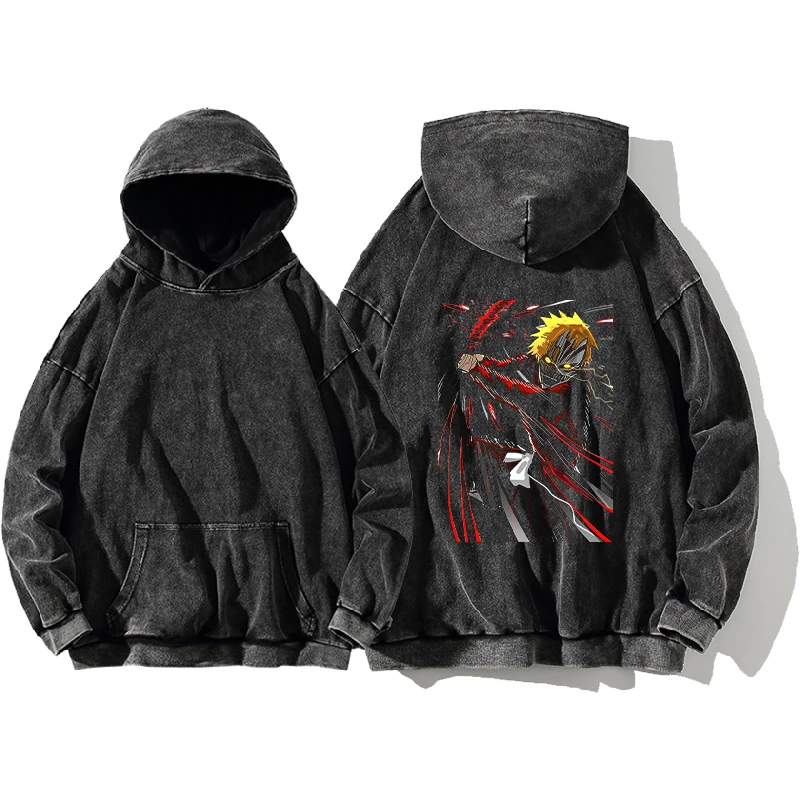 Anime Bleach Kurosaki Ichigo Print Hooded Men Women Cotton Hoodies Vintage Washed Pullover Harajuku Casual Oversized Sweatshirt