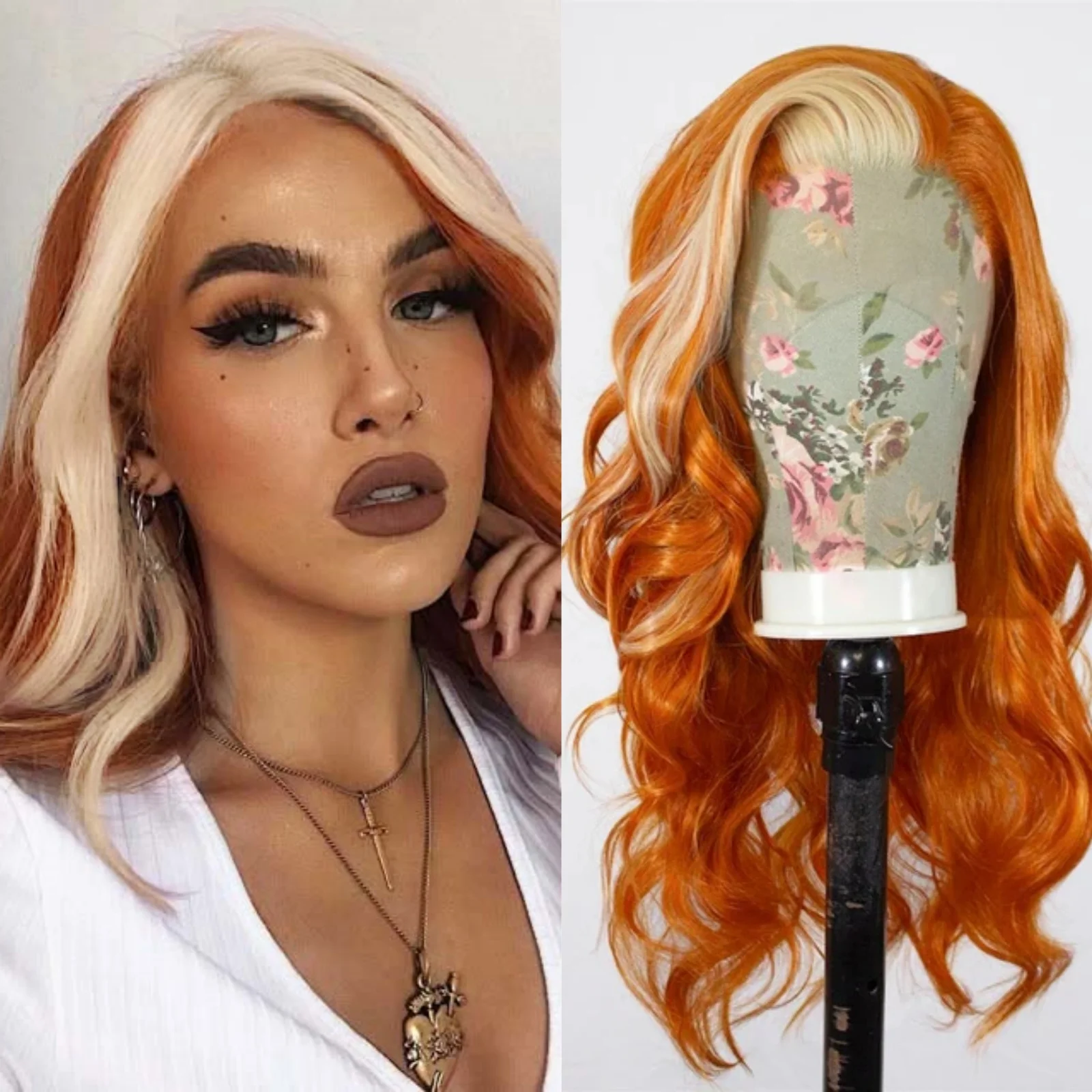 Ginger Orange with Blonde Highlights Wig Synthetic Lace Front Wig Long Wavy Hair Loose Body Wave 13X4 Frontal Wigs for Women