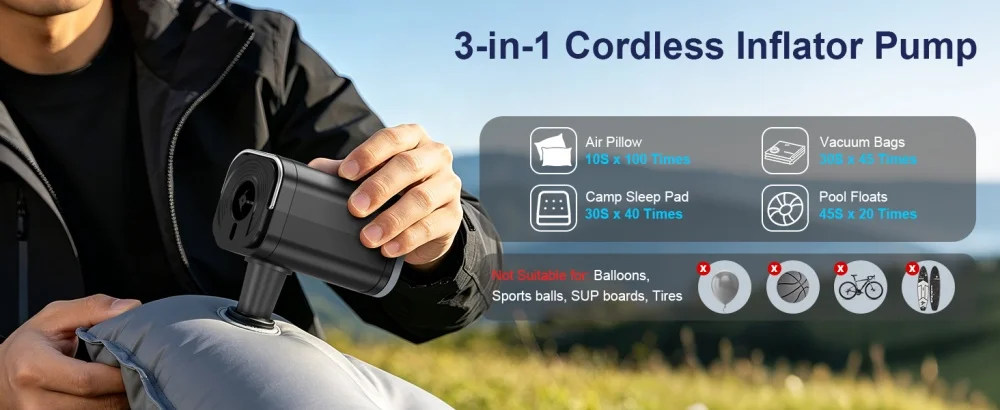 Mini Tragbare Luftpumpe 1200mAh USB Wiederaufladbar Kabelloser Aufblas- und Ablassventilator für Camping-Matratzen Pool-Schwimmreifen Boote Schnelles Aufblasen – Detail 2