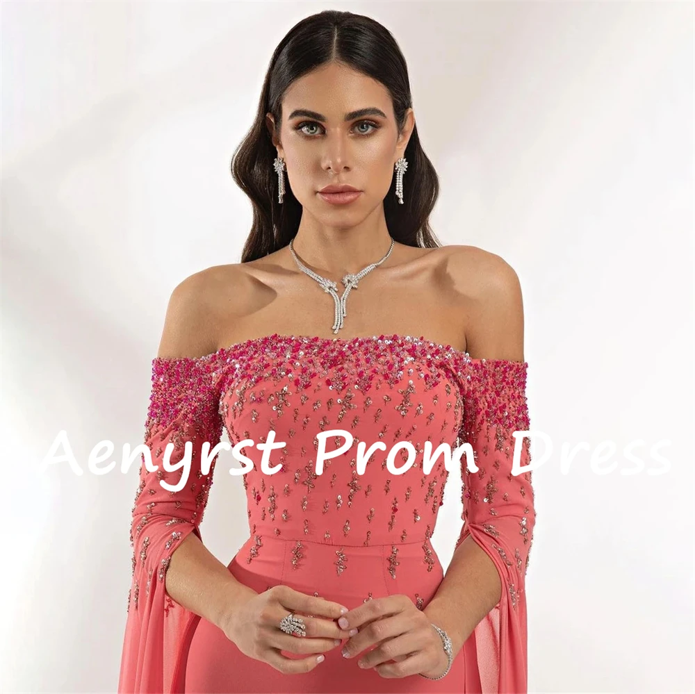 Aenyrst Watermelon Red Boat-Neck Beaded Prom Dresses customized Off The Shoulder Evening Gowns Half Sleeve Sequined Party Dress