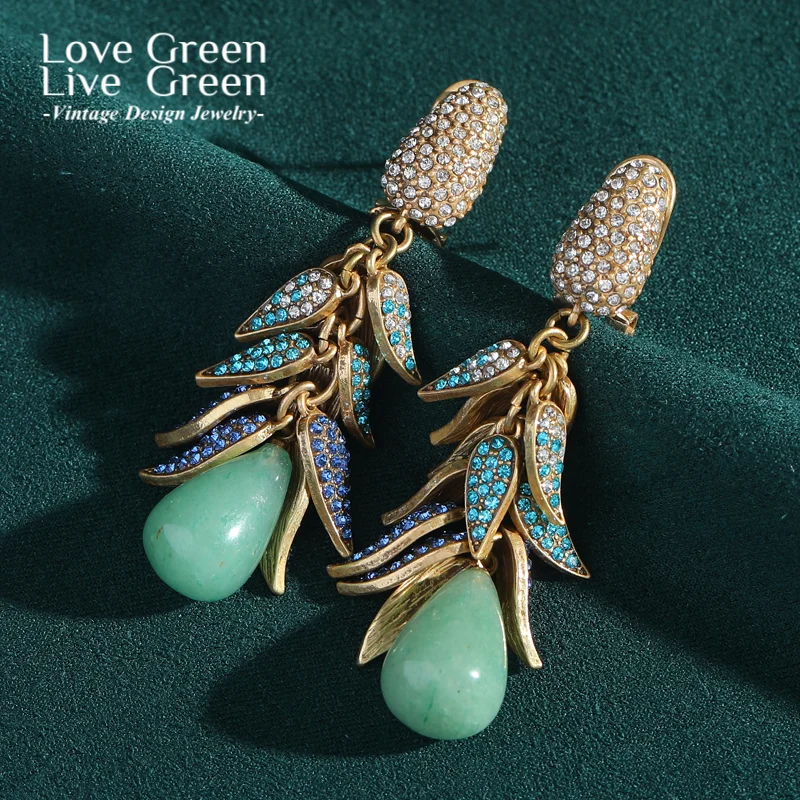 

Vintage Rhinestones Leaves Green Earrings Jade Drop Antique Gold Color Luxury Quality Jewelry Retro Accessories Wedding Party