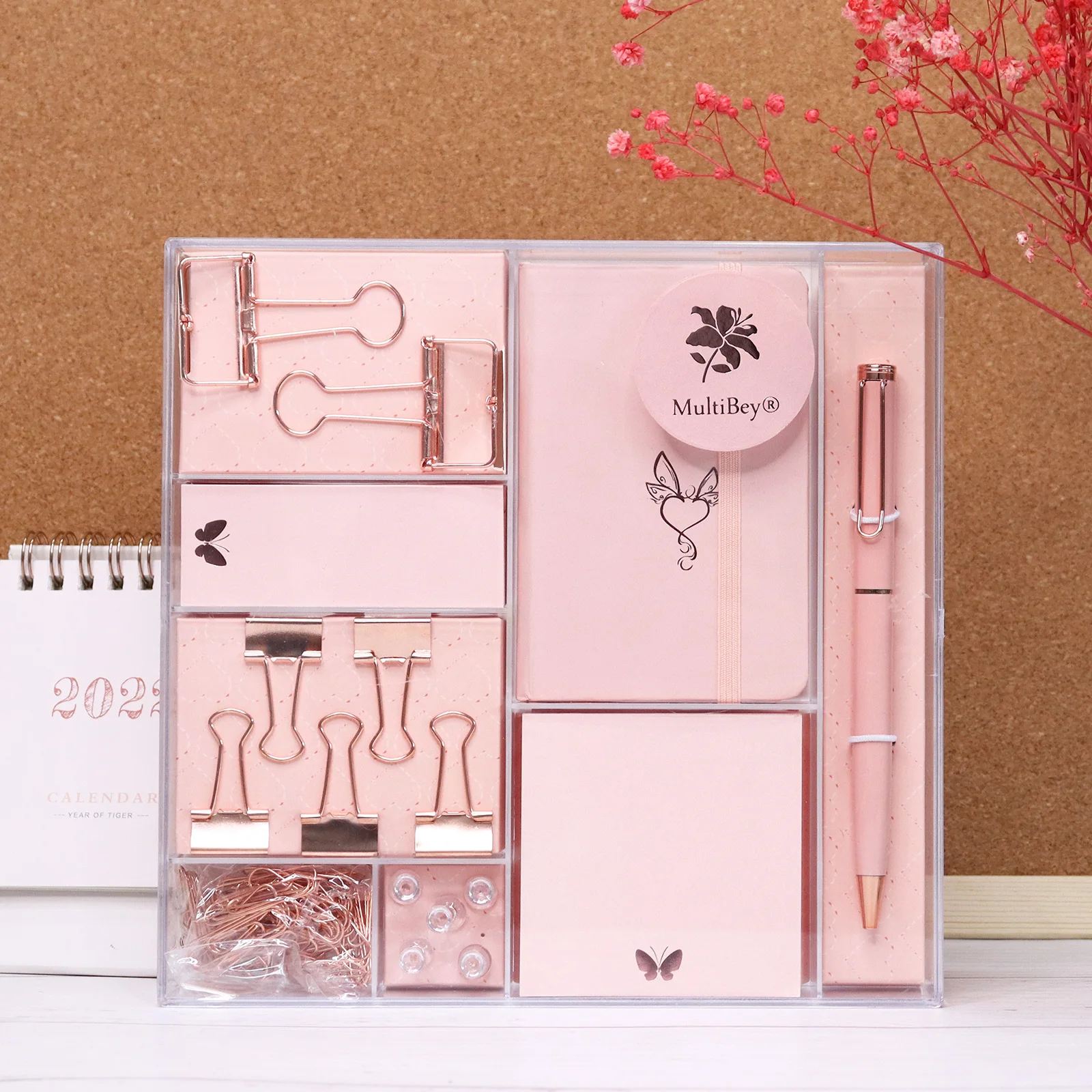 

Cute Rose Gold Stationery Set Gift Box Sticky Note Ballpoint Pen Mini Notebook Badge Paper Binder Clips Pink Office Supplies