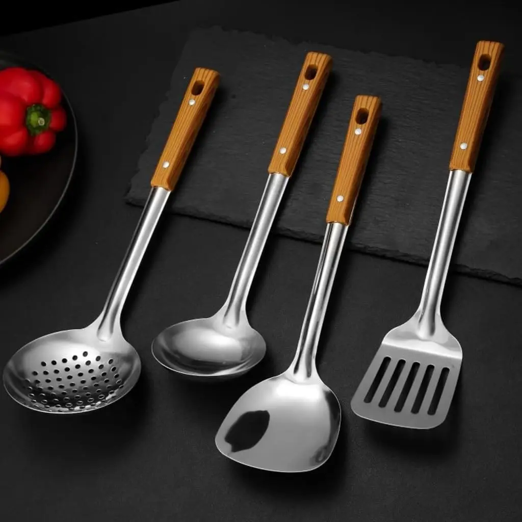 طقم أدوات مطبخ من الفولاذ المقاوم للصدأ طقم مكون من خمس قطع - طقم طهي مع ملعقة - أدوات طبخ متينة بمقبض خشبي غير قابل للانزلاق #3