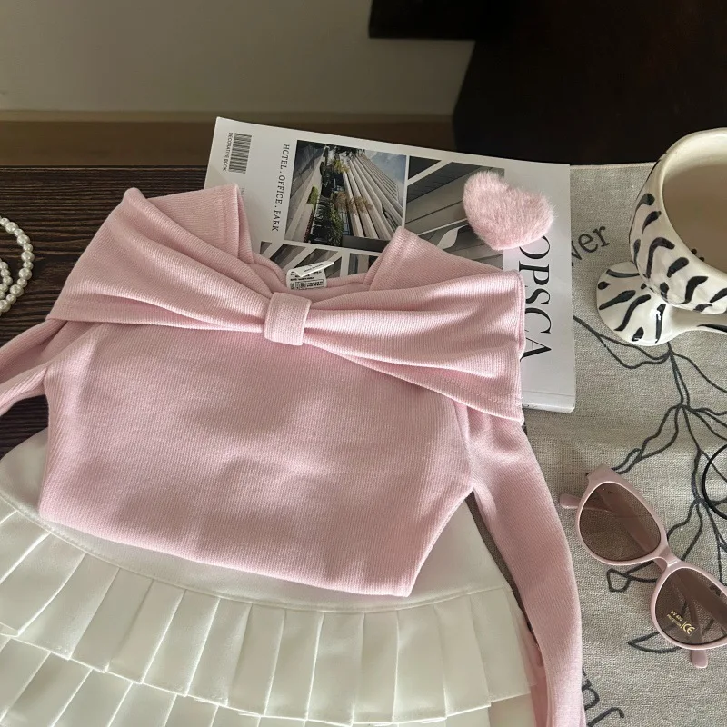 

Children's Clothing2025New Spring Summer Girls' Bowknot Base Shirt Children's White Pleated Skirt Pants Two-Piece Set Trendy