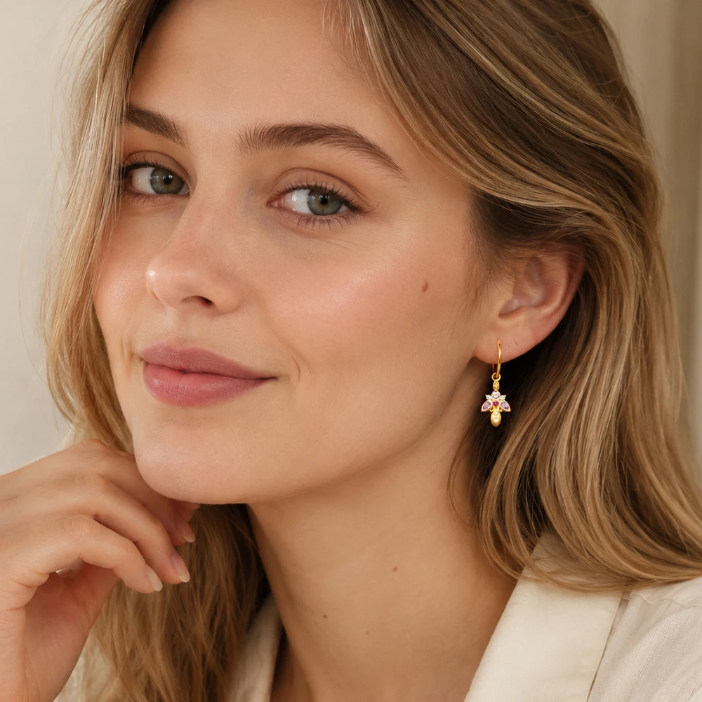 Hoop Earrings Golden Bug Scarab Beetle Fine Jewerly For Women Bohemia Gift In 925 Sterling Silver