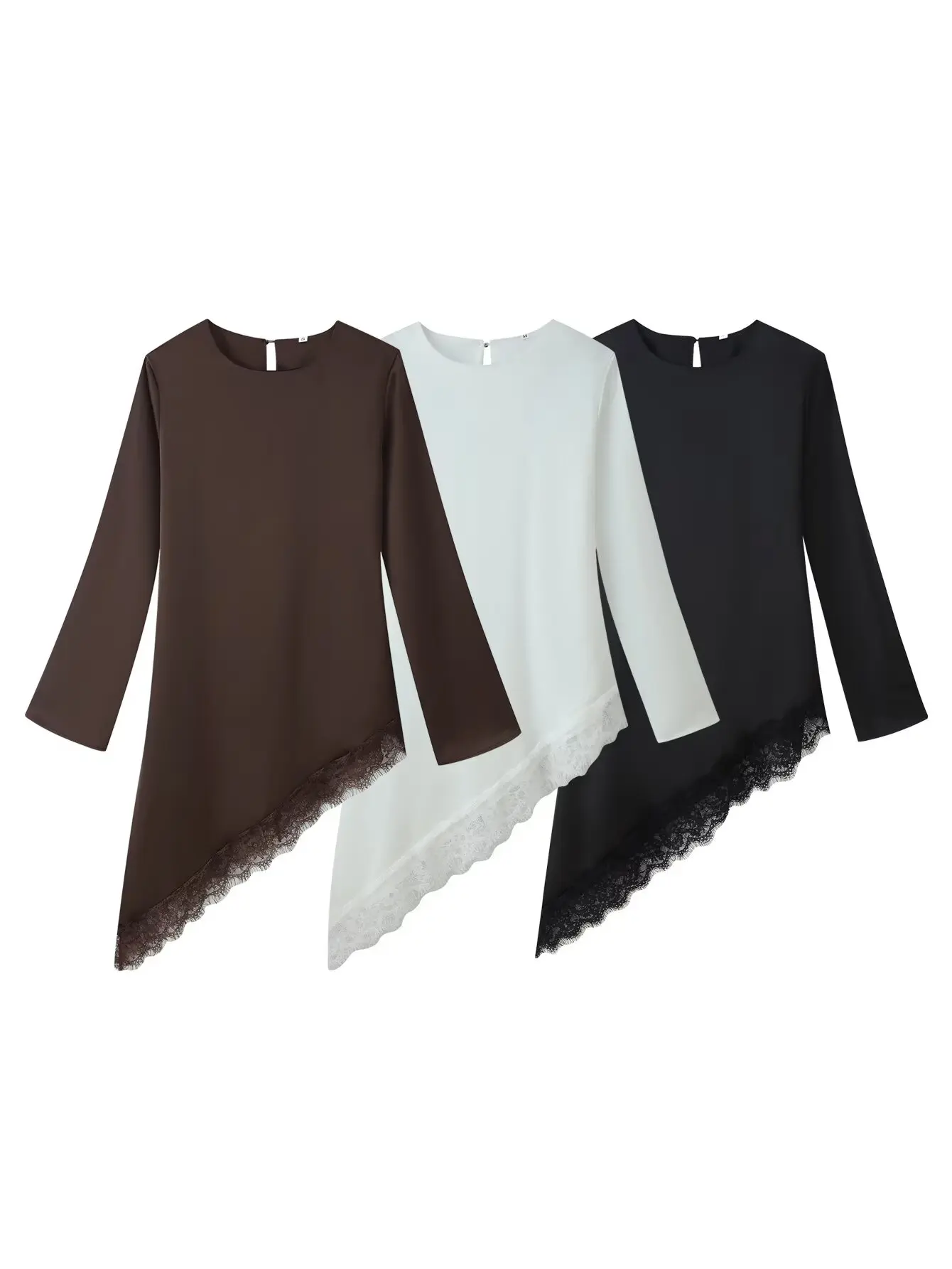 

Женские элегантные атласные блузки с асимметричным подолом и кружевной отделкой, с длинным рукавом, круглым вырезом, на пуговицах сзади, повседневные длинные рубашки