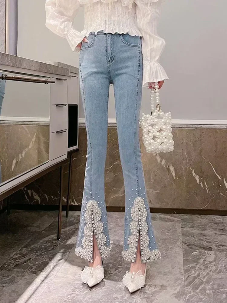 Design Sense Heavy Industry Bead Split Jeans Women's Spring 2025 New Slim-fit Micro Pants Flare Jeans High Waisted Jeans