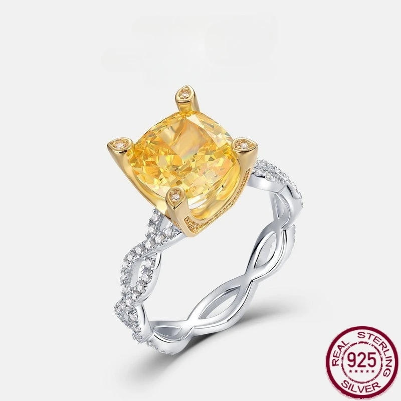 

New S925 Pure Silver Square Sugar Color Treasure Goose Yellow Ice Flower Cutting Fortune Charm Versatile Ring Wedding Jewelry