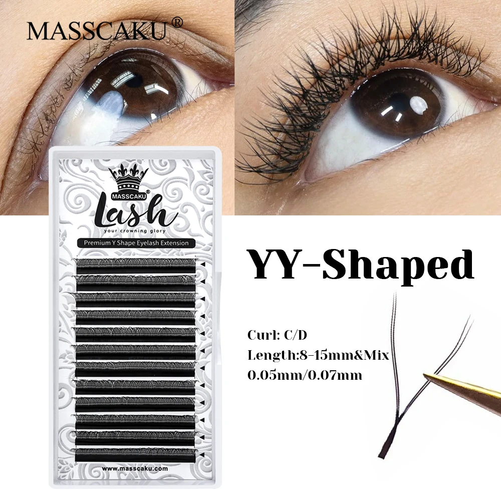 

12 Lines MASSCAKU 0.07mm Thickness Wispy Triple Tips YY Shape Eyelashes 8-15mm Mix Length Fast Grafting Y Design Eyelash Trays