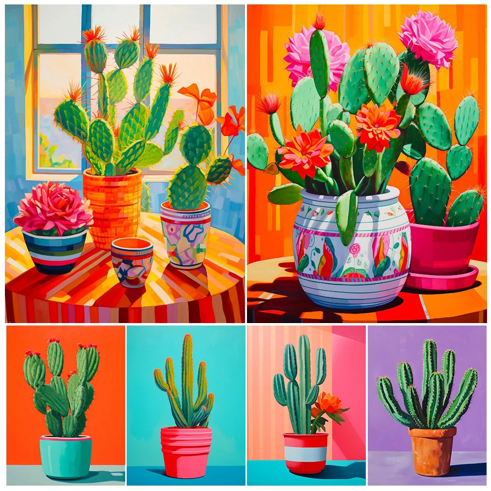 

Abstract Cactus Still Life Painting,Colorful Cactus Wall Art Canvas Print,Minimalist Cactus Art Poster Print,Home Decor Unframed