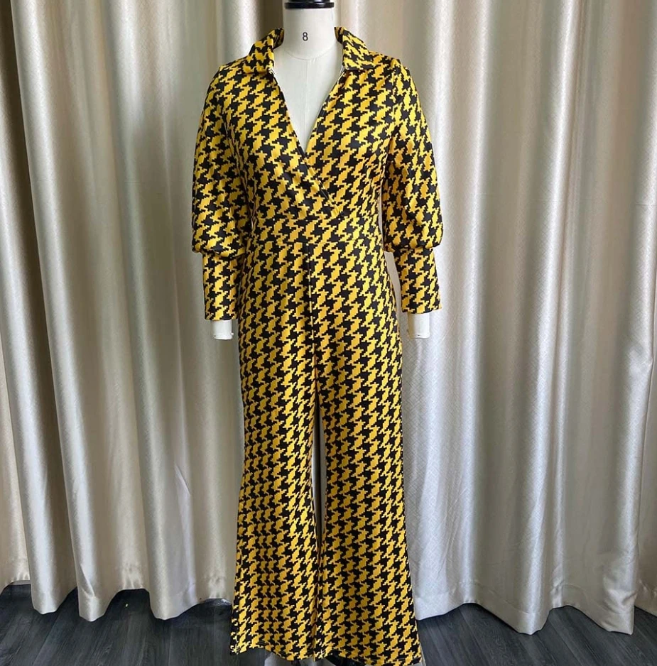 Jumpsuit Women 2024 Spring Fashion Houndstooth Print V-Neck Elegant Temperament High Waist Long Sleeved Daily Wide Leg Jumpsuit