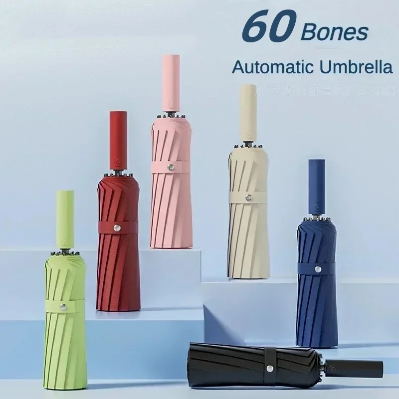 Paraguas automático resistente al viento, 12 costillas/60 refuerzo de huesos, impermeable, a prueba de sol, Anti-UV, paraguas plegables para hombres y mujeres