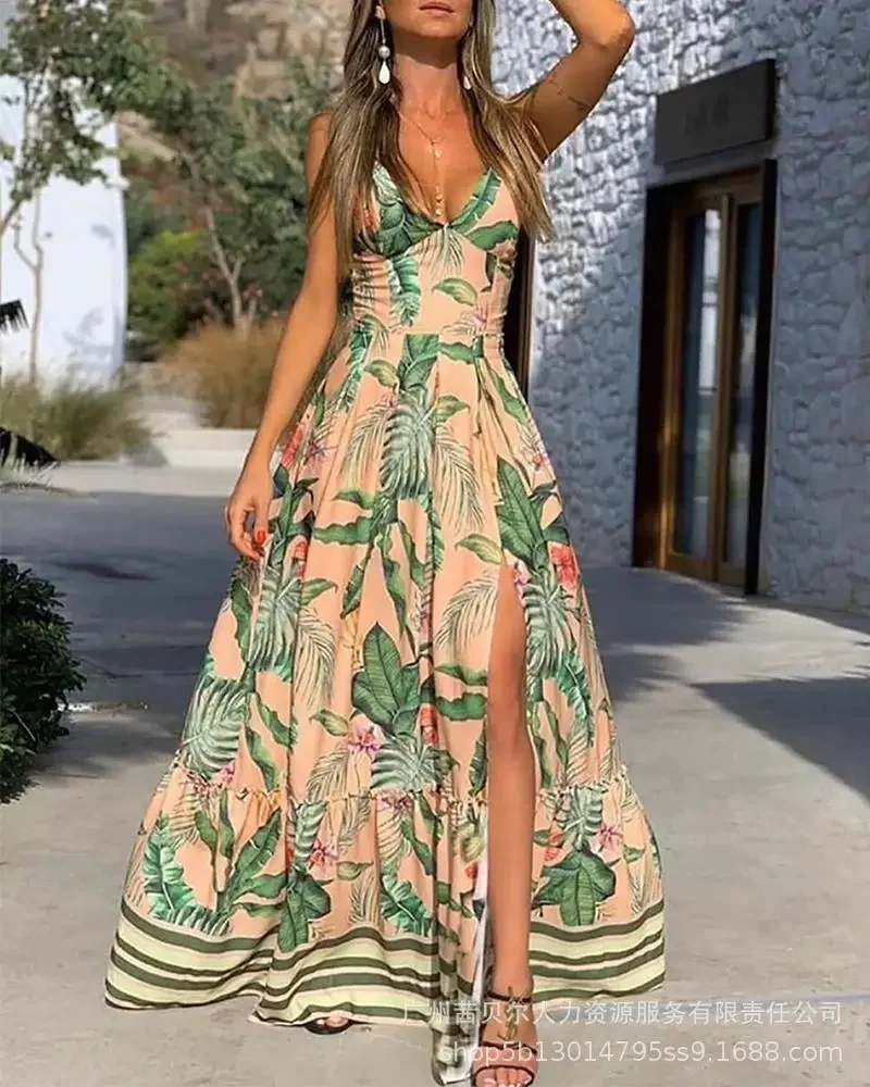 

Womens Dresses Fashion New V Neck Printed Waist Waist Split Large Swing Dress for Women