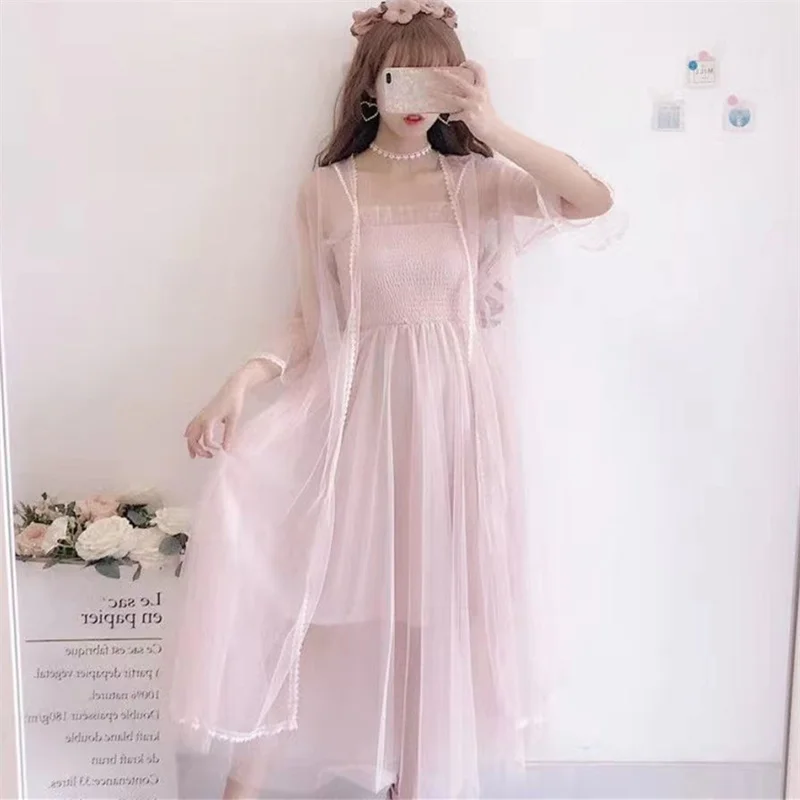 

Комплект из двух предметов: летнее женское платье 2026 с кардиганом и расклешенными рукавами, кружевное платье с оборками, длинное сетчатое платье на тонких бретелях, Vestidos