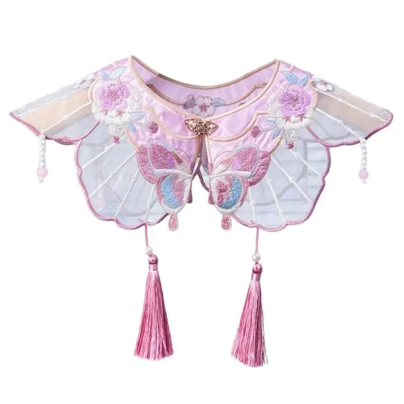 652F Chinese False Collar Embroidery Butterfly Pearl Tassels Vintage Shawl Wrap
