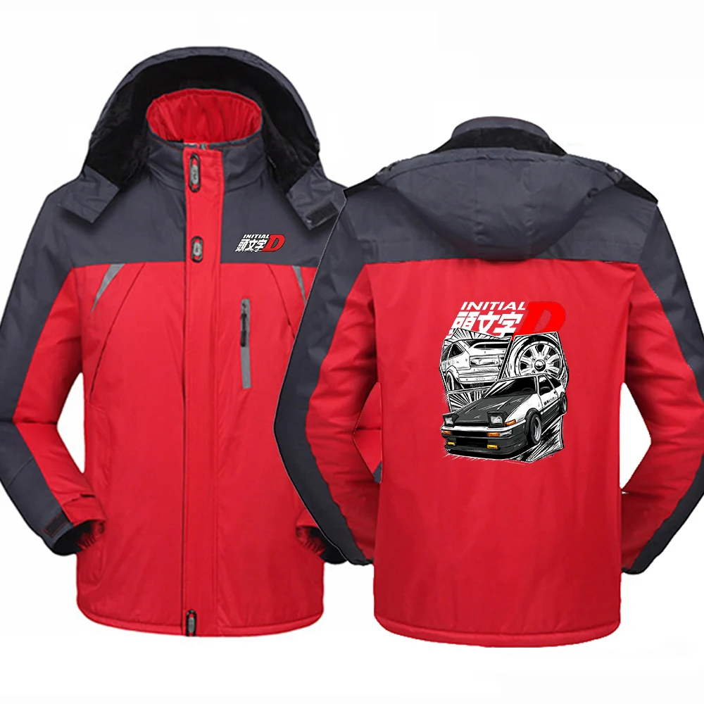 Initial D JDM Car Illustration Logo Print 2025 Autumn Winter New Men's Casual Sports Coat Color Blocking Fleece Cardigan Jacket