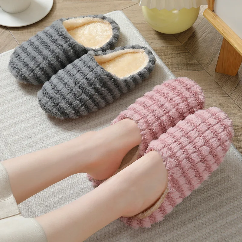 Home Slippers Winter Women Men Indoor Slipper Striped Soft Bottom Warm Cotton Shoes Woman Slip-On Slides for Bedroom House