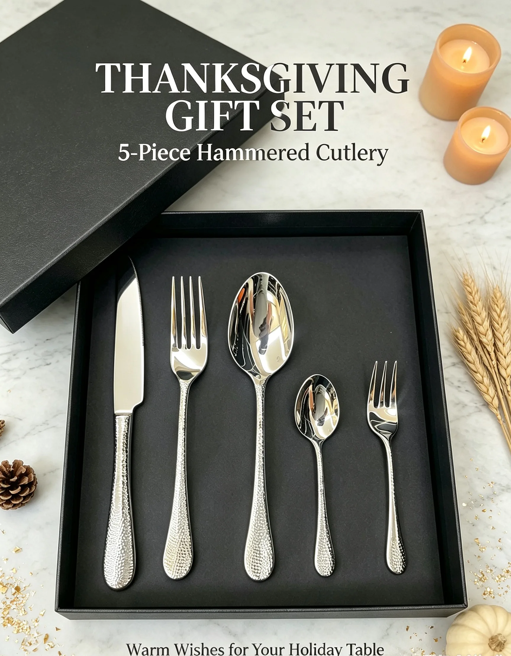 Premium 5‑Piece Smooth Hammer Handle Flatware Set, 420/304 Stainless Steel Elegant Gift Box Pack