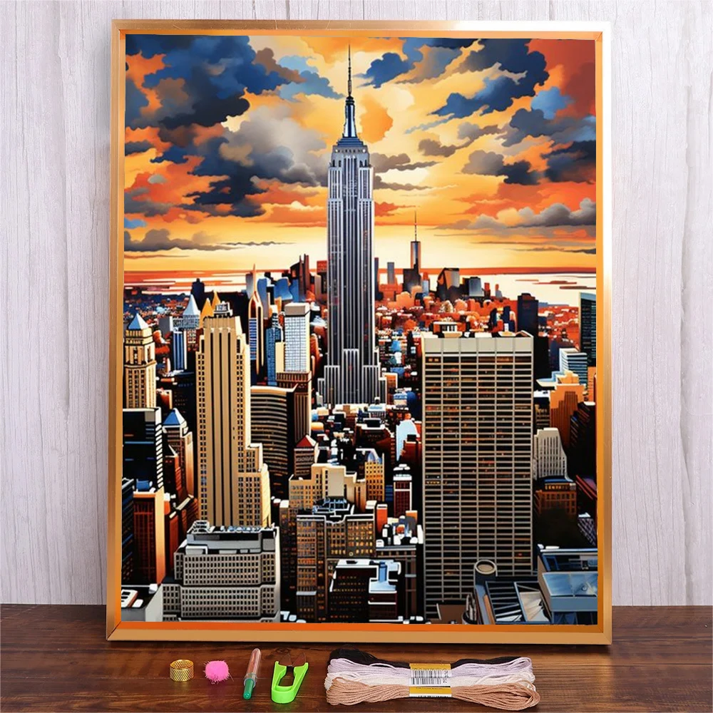 

City Building Landscape Printed Counted 11CT DIY Cross Stitch Sets Cotton Thread Cross-stitch Kits Embroidery Needlework Crafts