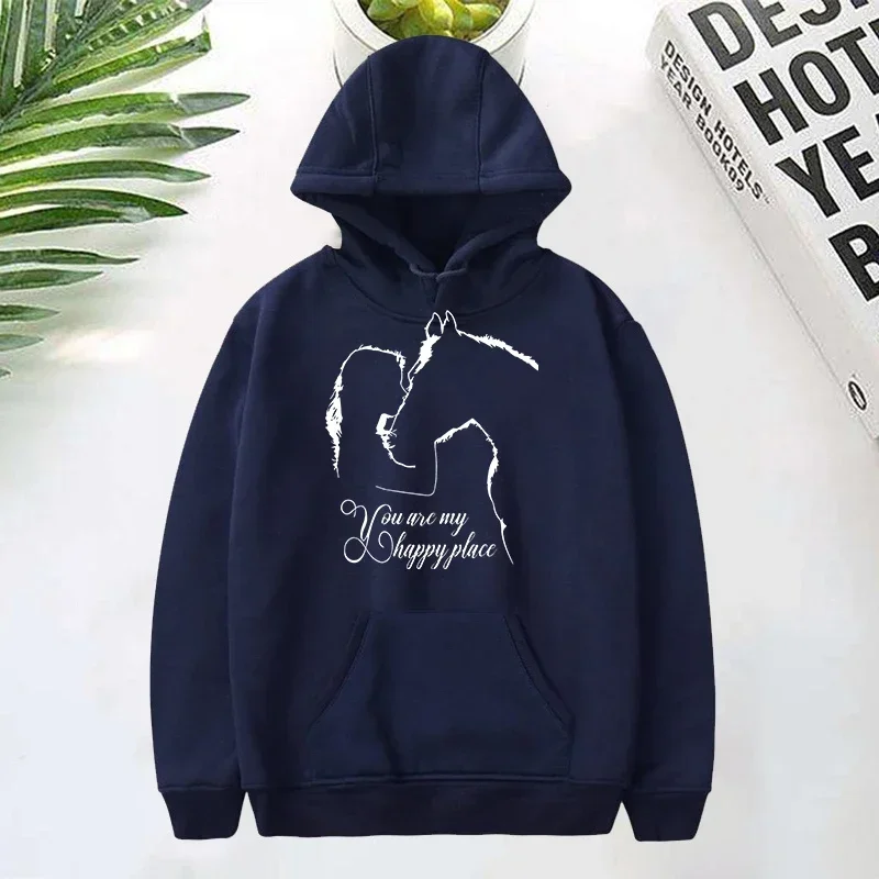 موضة جديدة الحصان والفتاة أنت بلدي مكان سعيد طباعة هوديي الخريف الشتاء الصوف طويلة الأكمام البلوز للنساء جولة الرقبة