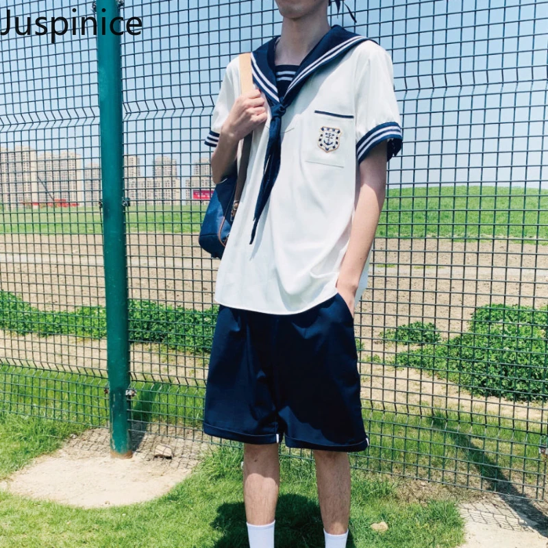 

Japanese College Style Embroidered Short-sleeved Shirts Shorts Suits Couples Loose Casual High Street Tops Five-quarter Pants