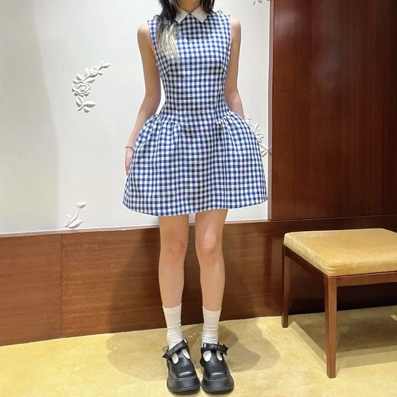 Korean Style Blue White Checkered Sundress Casual Smocked Waist Flowy Bubble Hem Dress Women's Beach Vacation A-Line Mini Dress