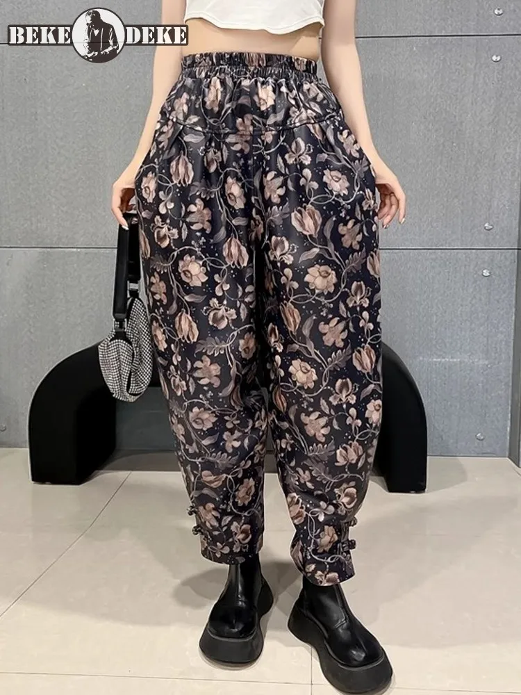 Pantalon en cuir véritable de mouton imprimé Floral pour femmes, sarouel Baggy Vintage, taille élastique, coupe ample, pantalon de jogging Vintage