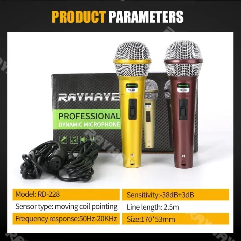 RAYHAYES RD-228 Dwukanałowy kardioidalny mikrofon dynamiczny Profesjonalny mikrofon przewodowy z kablem audio 2,5 m XLR 6,35 mm