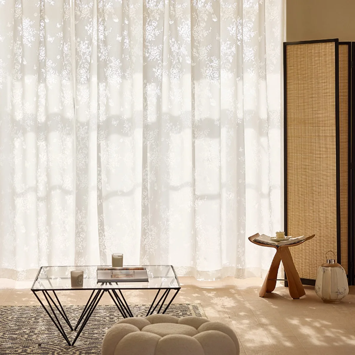 Ins Style Translucent And Non-transparent, Wearing Pole, Window Screen, Living Room, Semi-blackout Curtain And Gauze Curtain