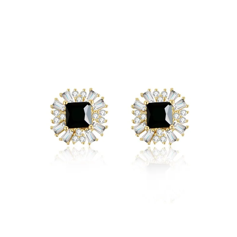 925 Sterling Silver Plated 14K Gold Black Zircon Earrings for Women French Vintage Temperament Versatile Jewelry