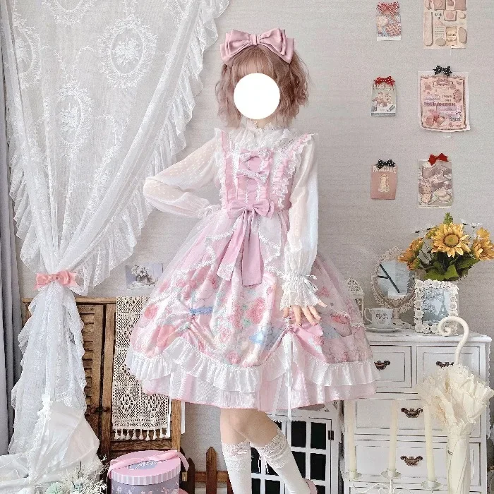 Lussuoso rosa Kawaii Girl Lolita Wreath Bunny Tail Trailer Coniglio Ragazza Abito Carino Vintage Jsk Senza maniche Fiocco Principessa Tea Party