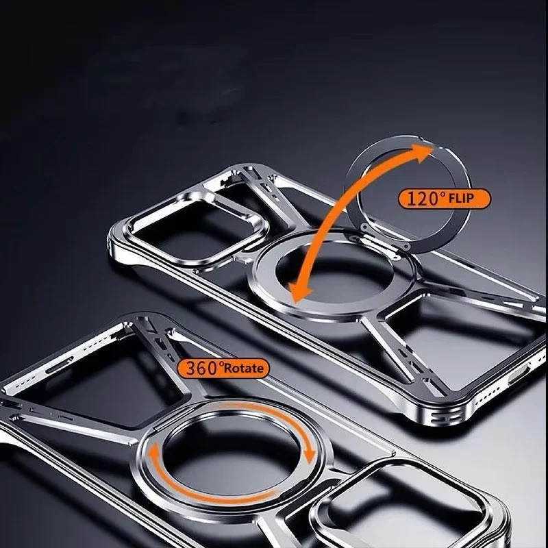 No Border Magnetic Aluminum Alloy Anti-Fall Cover For iPhone 15 16 Pro Max Metal invisible Bracket Phone Case For iPhone 14Pro
