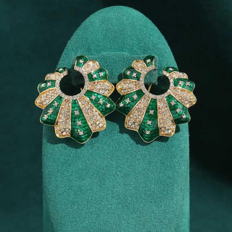 

Vintage Green Enamel Rhinestone Petal Earrings Woman Luxury Jewelry Designers Brand Gift For Festival Wedding Party Accessories