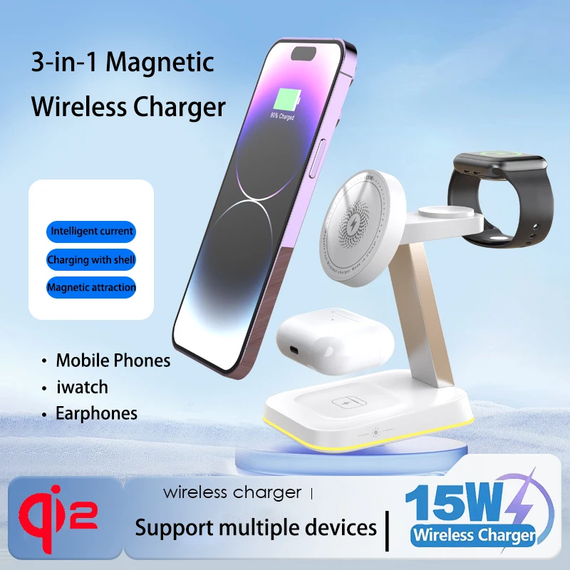 

3 в 1 30 Вт Смарт-часы Наушники для iPhone 17 16 15 14 13 12 Быстрая универсальная магнитная подставка для телефона Беспроводное зарядное устройство StationHolder
