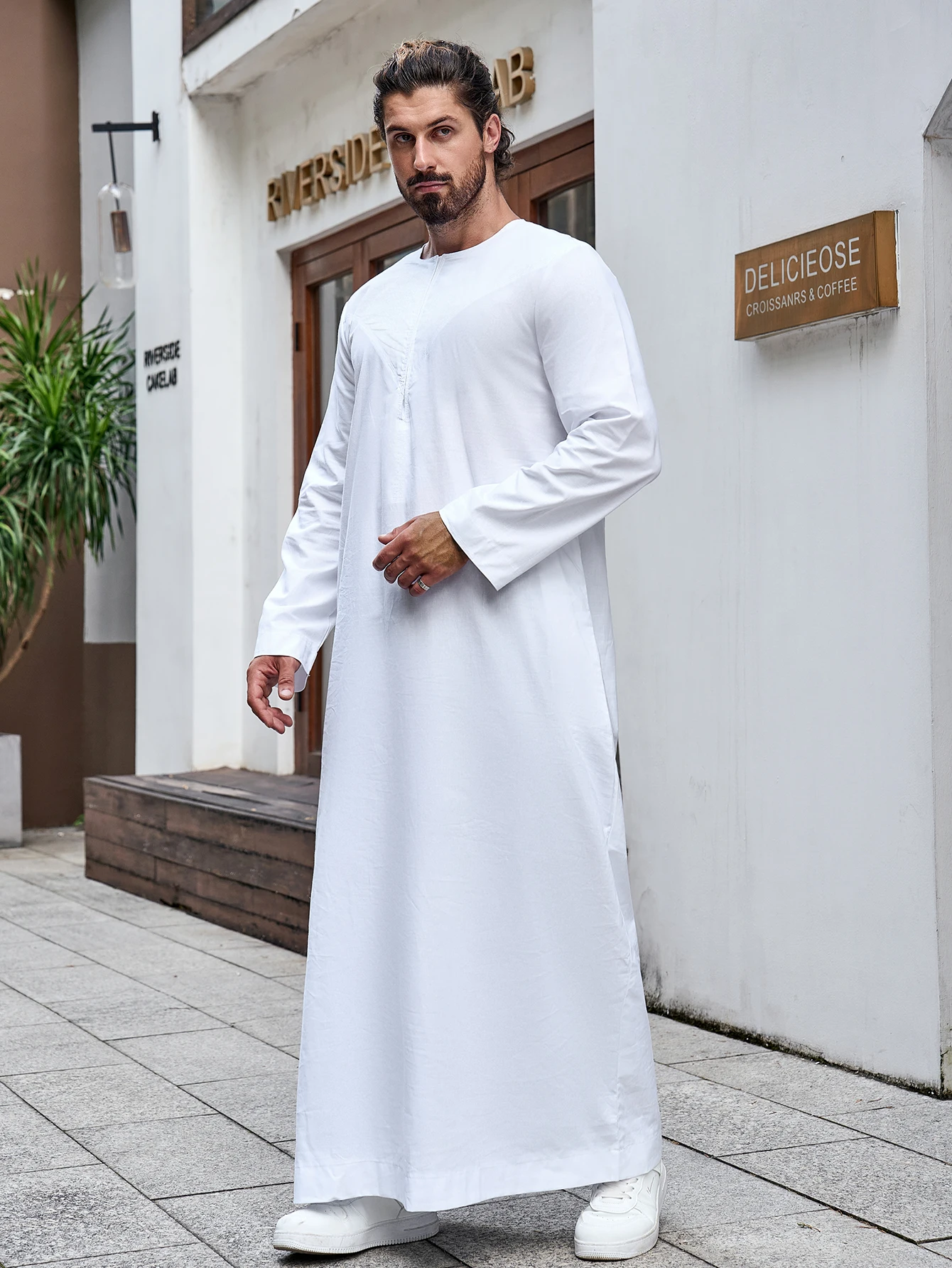 Túnica larga de manga larga para hombre, Túnica musulmana de Ramadán, Thobe saudita, Oriente Medio, árabe, Dubái, malayo, Color sólido