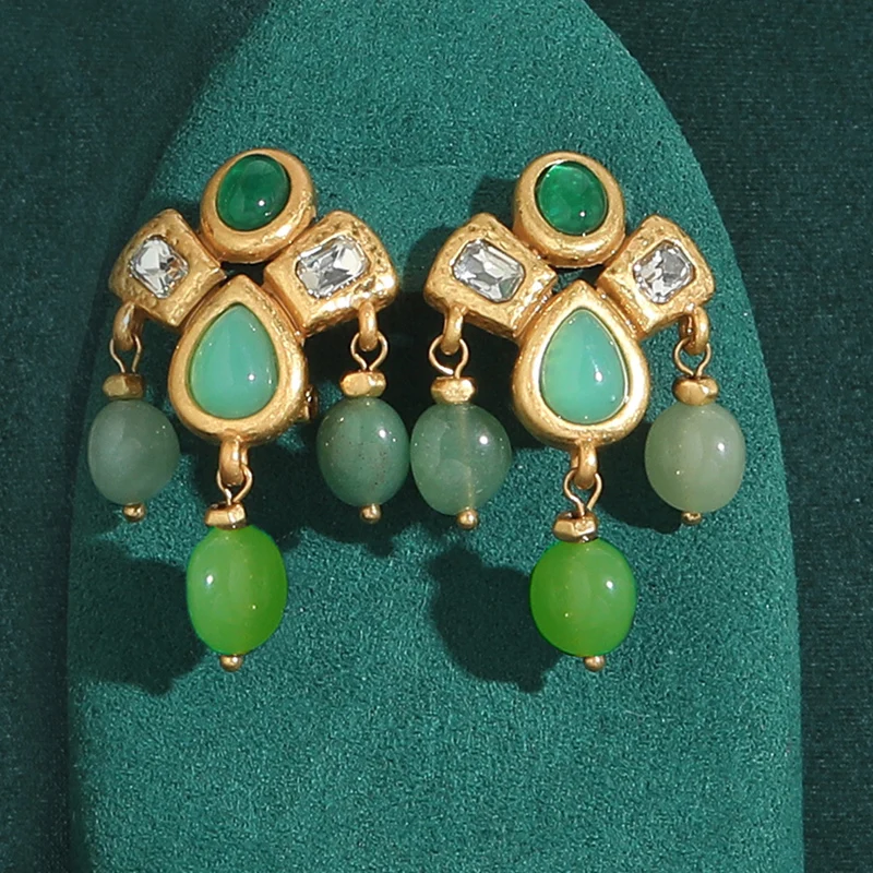 

Gothic Vintage Drop Dangle Earrings for Woman Tassels Water Droplets Natural Green Stone Gold Color Antique Jewelry Designer New
