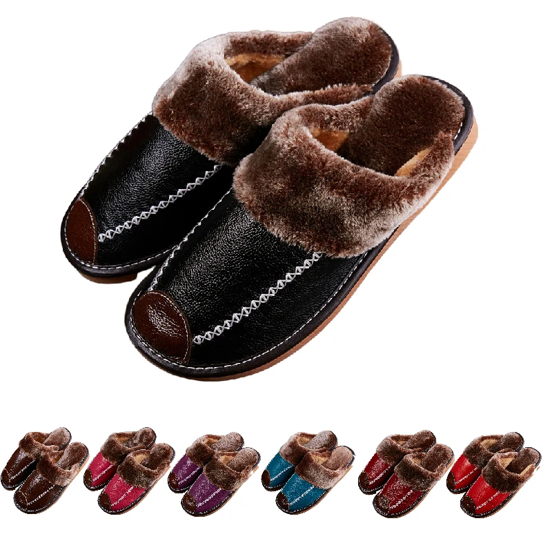 Men and Women Cotton Slippers Winter Home Warm Slippers Autumn Winter Real Leather Slippers Home Baotou Cotton Indoor Slippers