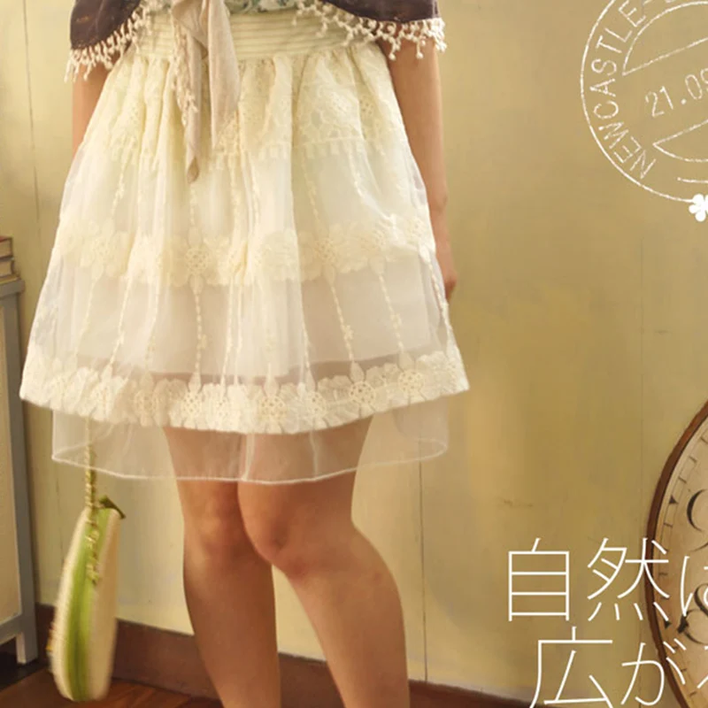 

Mori Girl Mesh Sweet Skirt Women Clothing Beige Color Lace Floral Embroidery Mulity Layer Hollow Out Female Kawaii Skirts A203