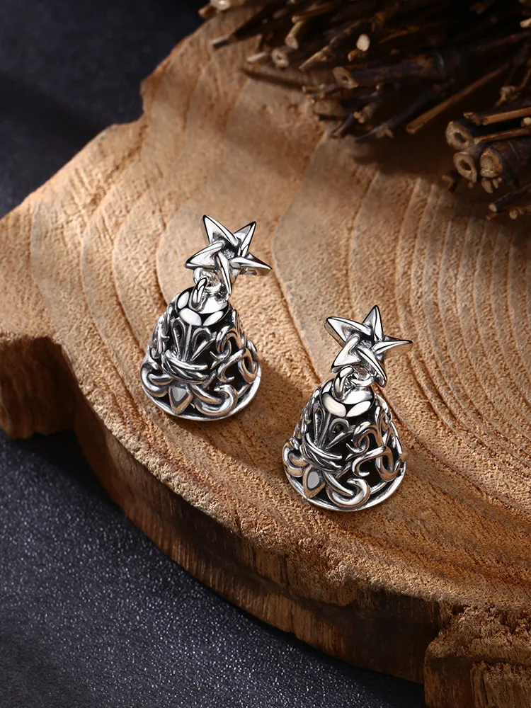 Wholesale s925 pure silver earrings for men and women, five pointed star bell earrings, Thai silver vintage rock style personali